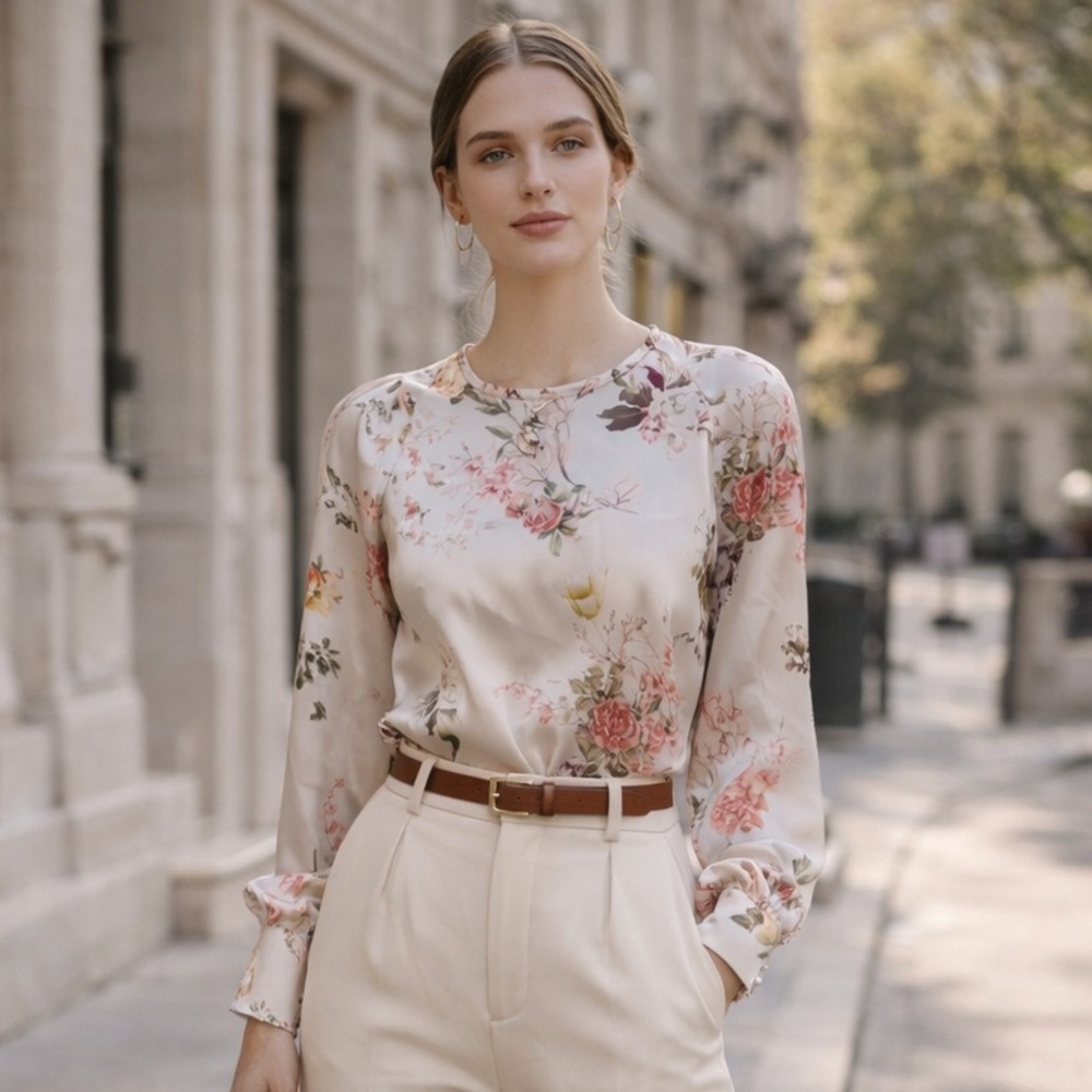 Vince Camuto Long Sleeve Beautiful Blooms Belted Blouse size M Easter Feminine